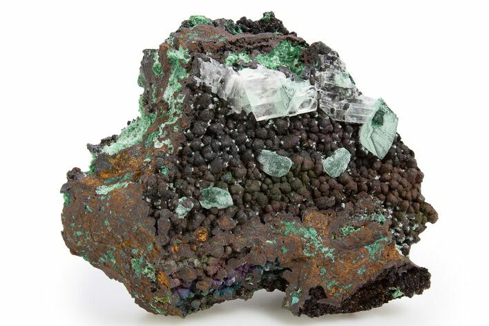 Fibrous Malachite and Rhombohedral Calcite on Limonite - Mexico #330598